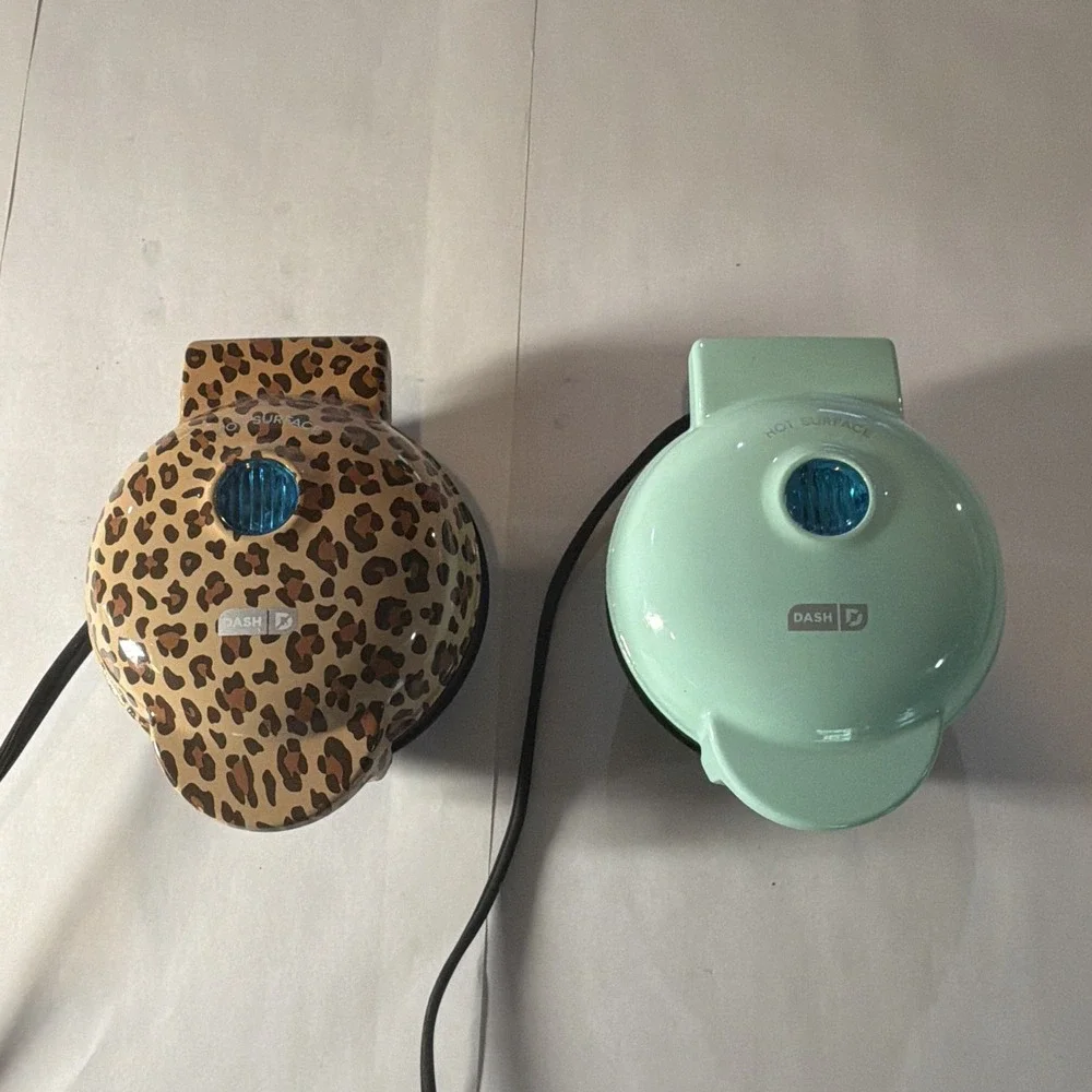 DASH Dash Mini Waffle Maker Lot of 2 Leopard & Mint Green Non-Stick 350W